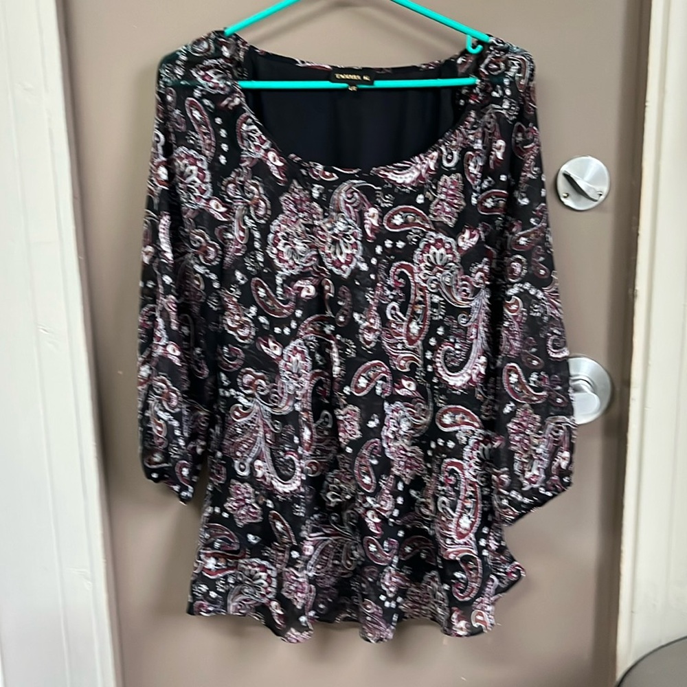 Ladies black and burgundy paisley blouse sheer overlay black liner . Worn once
